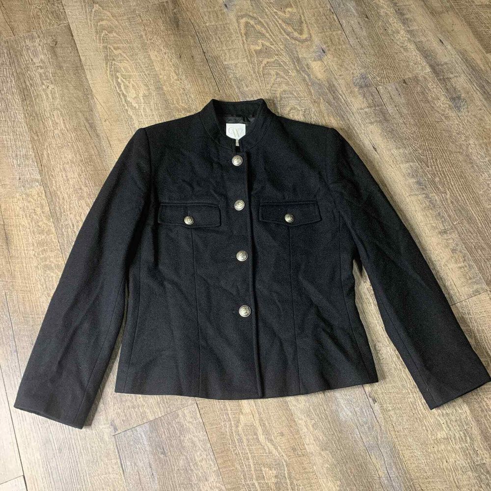 Clifford Wills Womens Jacket Size 8 Black Wool Button Front Pockets Stand Collar